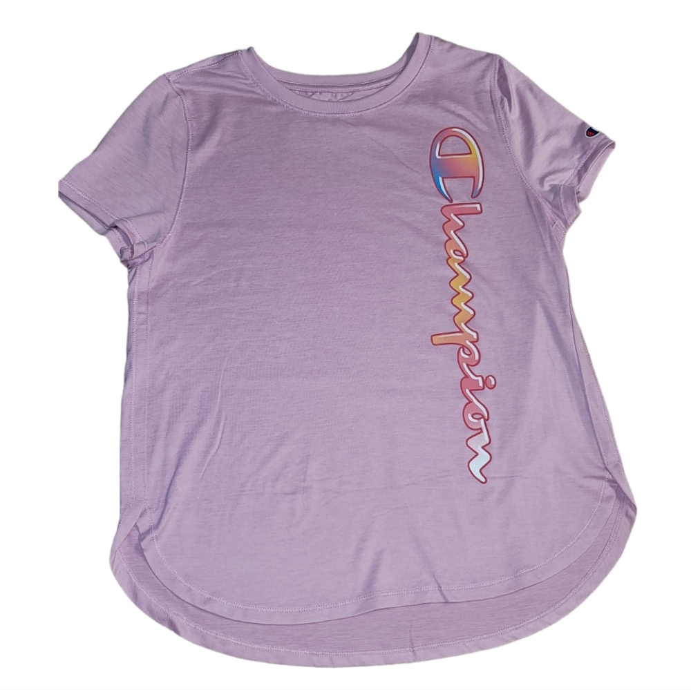 Champion Graphic Logo Girls Short Sleeve Hi-Lo Lavender Tee Shirt, 14/16 NWOT